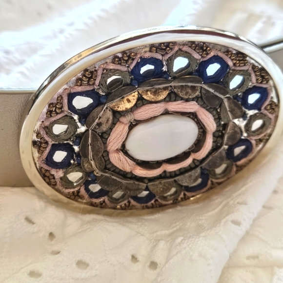 Chico's Leather Belt Bohemian Novelty Gold Tone Leather Embellished Brass Buckle - Picture 5 of 10